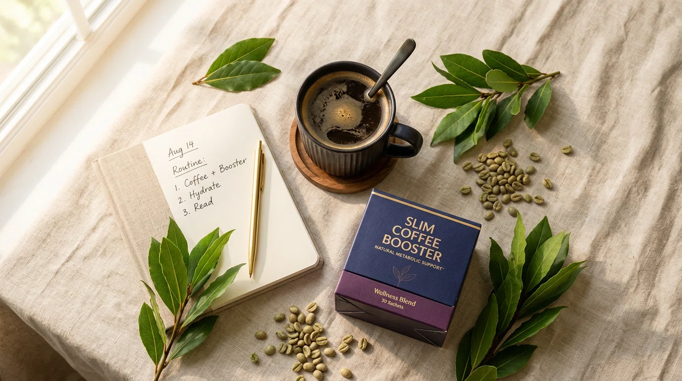 Morning wellness routine flat lay: Slim Coffee Booster box, fresh coffee, green leaves and notebook on linen